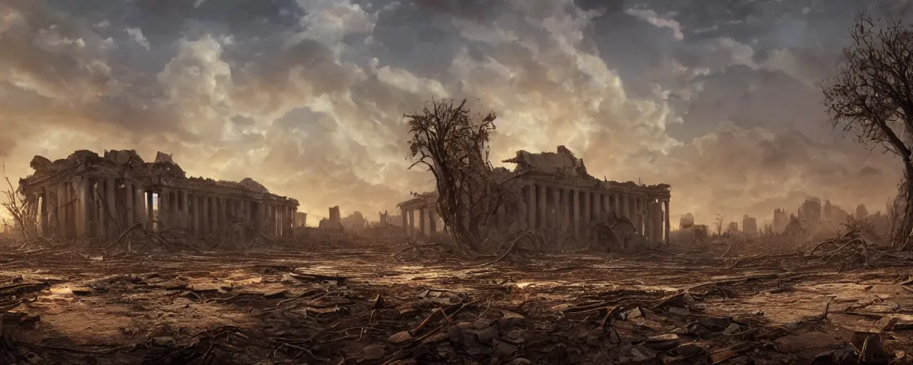 Image similar to A beautiful hyper realistic detailed matte painting of the destroyed Capitolium after nuclear bomb | post-apocalyptic landscape at early sunrise | a lot of debris and burned bushes and trees | by John Howe and Andreas Rocha and Martin Johnson Heade and Albert Bierstadt, Fallout style | unreal engine, trending on artstation, golden ratio, rectilinear