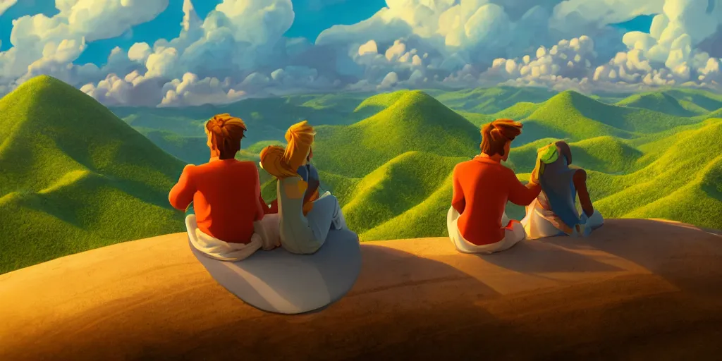 Prompt: a loving couple sitting on a cloud very in the sky above the Caribbeans, mattepainting concept Blizzard pixar maya engine on stylized background global illumination lighting artstation in the style of The Road to El Dorado