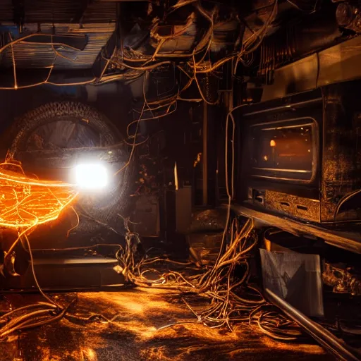 Image similar to overcharging toaster oven, tangles of metallic cables, dark messy smoke - filled cluttered workshop, dark, dramatic lighting, orange tint, sparks, plasma charges, cinematic, highly detailed, sci - fi, futuristic, movie still