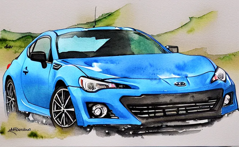 Image similar to modern watercolor painting of a subaru brz