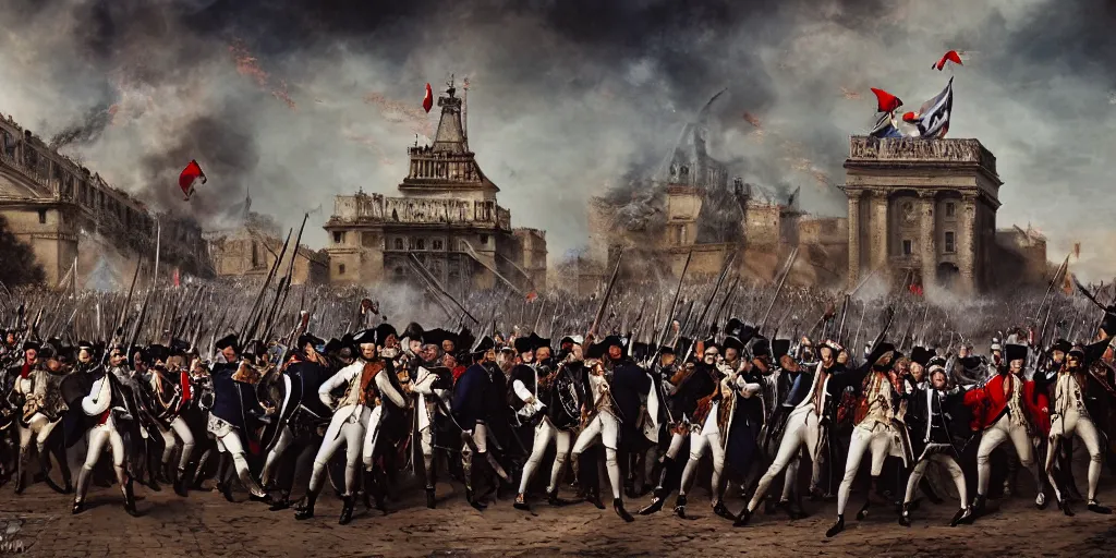 Prompt: fashion editorial french revolution storming of the Bastille. wide angle shot. highly detailed. photography.