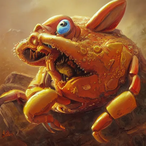 Image similar to crab - pig creature, oil painting by justin gerard