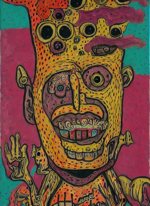 Image similar to a crazy horror portrait of art brut monster, which has weird stretched out eyes and a misshapen mouth, chaotic fulcolor background, art brut by a psycho man, color crazy outsider art bad painting