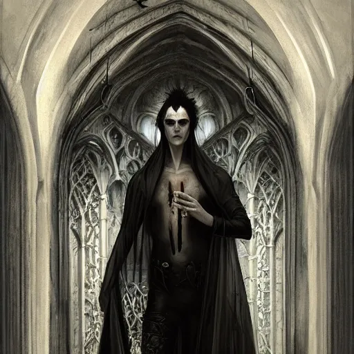 Prompt: By Tom Bagshaw, ultra realist soft painting of a gothic crypt by night, male vampire smile, horror, omnious sky, symmetry accurate features, very intricate details, black and white, volumetric light clouds