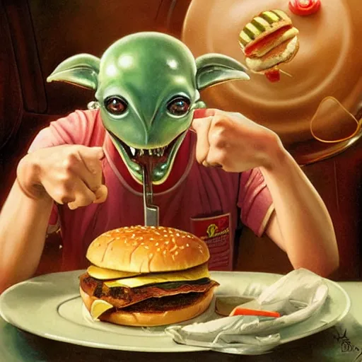 Image similar to hyper realistic, detailed beautiful cute alien, eating a cheeseburger, at a 5 0 s diner, painted by norman rockwell, greg rutkowski, john howe, wlop, artgerm