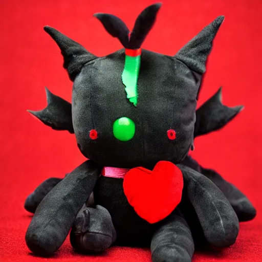 Image similar to cute fumo plush of a void imp who crawled out a hole in reality, anime girl, black and red, green ribbon and heart, ruffled and tattered dress, symmetry, gothic, vray