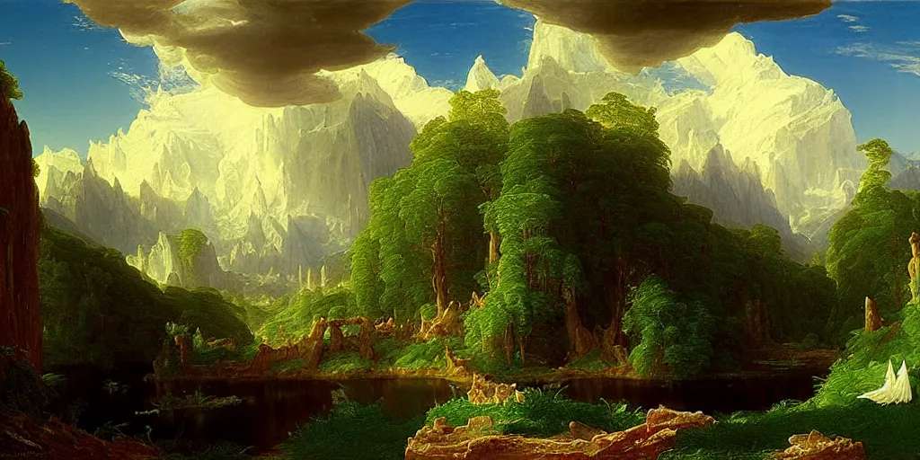 Prompt: a fantasy landscape by thomas cole and ivan shishkin