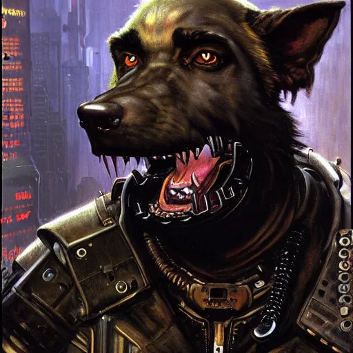 Image similar to a portrait of a black german shepard orc dogman canine neuromancer with human eyes serious looking holding computer console. shadowrun cyberpunk fantasy d & d fallout 1 9 9 8 highly detailed painting by gaston bussiere craig mullins jc leyendecker gustav klimt artgerm greg rutkowski