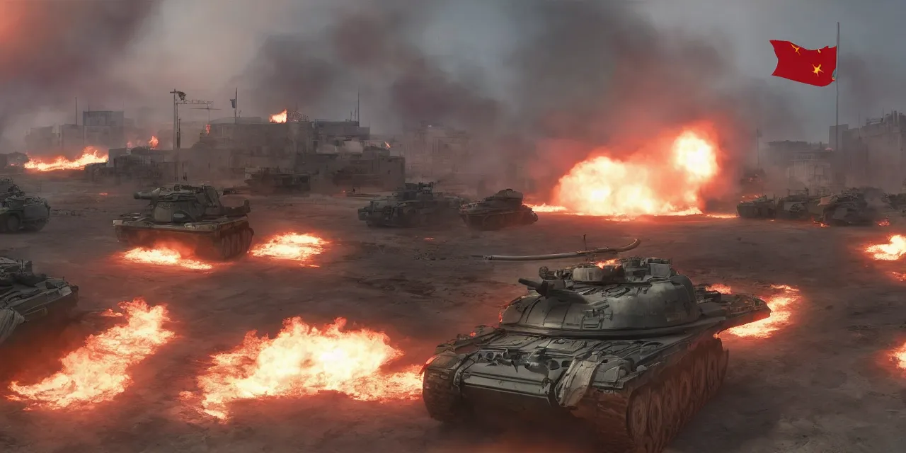 Image similar to tanks burning city, army, china, communist flag, volumetric lighting, unreal engine, realistic