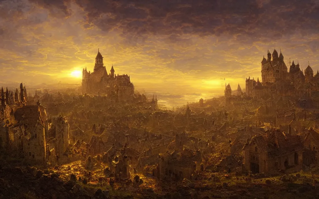 Prompt: large sprawling medieval city, steampunk, sunset in the distance, castle on a hill, cinematic lighting, intricate ink illustration, by albert bierstadt