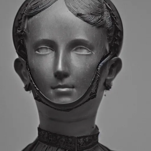 Image similar to close up portrait of a life size victorian mannequin standing in with a bicycle, 8 k, soft lighting, highly detailed realistic, face in focus 1 8 9 0's liminal