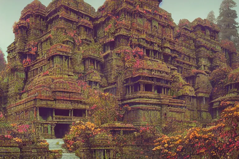 Image similar to photography of a beautiful archipelago of never seen before stunning ancient indian temple. intricate pilars patern, runes. flowers. inspiring science fiction, intricate, elegant, uplifting, inspirational, highly detailed by beksinski and simon stalenhag