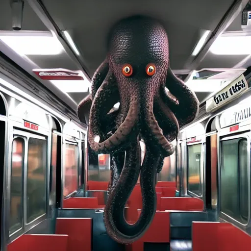 Image similar to a photo of a giant octopus invading a interior of a subway train in new york, cinematic lighting