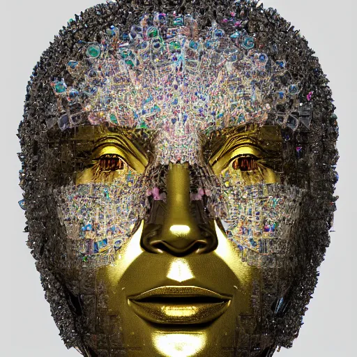 Image similar to a beautiful symmetrical face made of crystals,golden ornaments by alex gray and android jones, 3D, 8k resolution