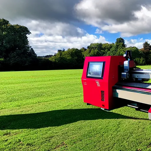 Image similar to cnc lathe from haas st - 3 0 stands in a green field, the sky is bright red with clouds