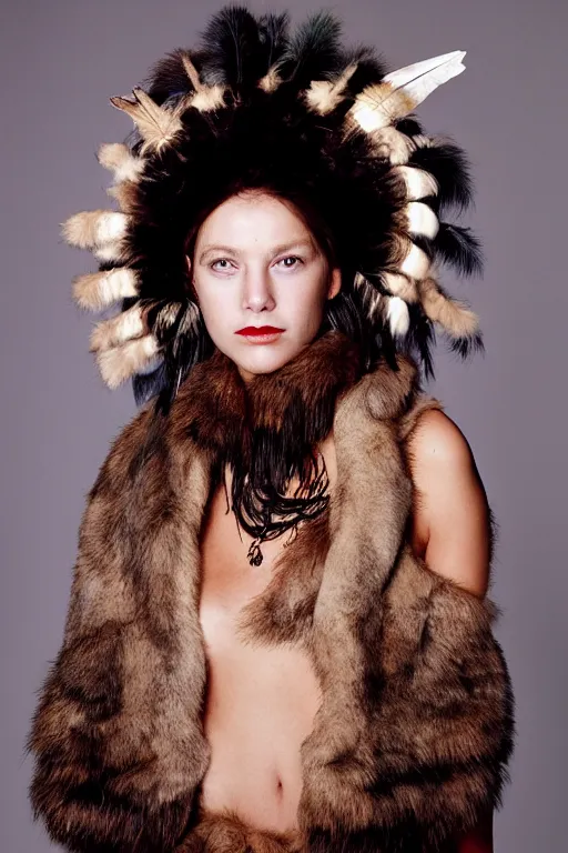 Image similar to a woman in a buffalo headdress wearing fur, cosplay, photoshoot, studio lighting, photograph by Bruce Weber