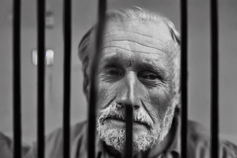 Image similar to an 8 5 mm portrait of a old man in prison looking through the bars of his cell, by annie leibovitz, shallow depth of field, cinematic lighting