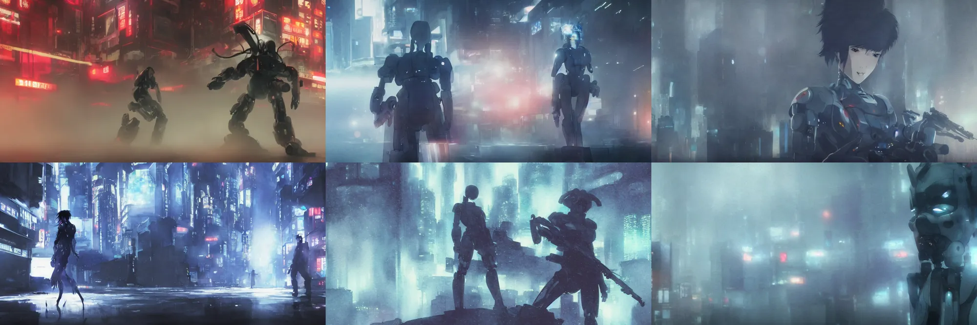 Prompt: incredible screenshot, simple watercolor, masamune shirow ghost in the shell movie scene close up, male robot androids playing guitars in heavy rock band, gun fire behind them, misty, fog, swirling dust, shinjuku, reflections, refraction, bounce light, rim light, bokeh ,hd, 4k, remaster, dynamic camera angle, deep 3 point perspective, fish eye, dynamic scene