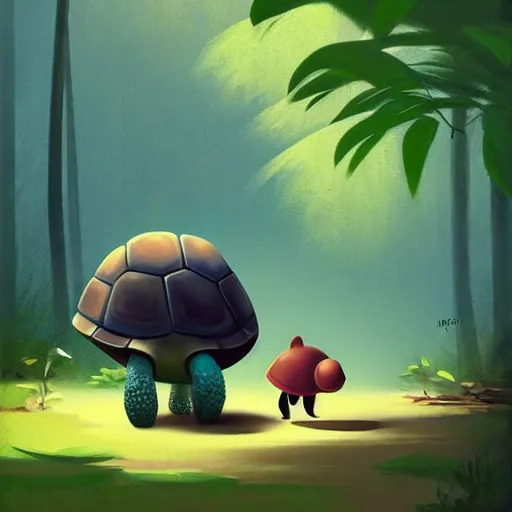 Image similar to Goro Fujita a portrait a cute turtle walking very happy with her baby through the jungle, painting by Goro Fujita, sharp focus, highly detailed, ArtStation