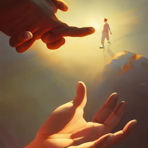 Image similar to a hand reaching out to another hand, behance hd by jesper ejsing, by rhads, makoto shinkai and lois van baarle, ilya kuvshinov, rossdraws global illumination ray tracing hdr radiating a glowing aura