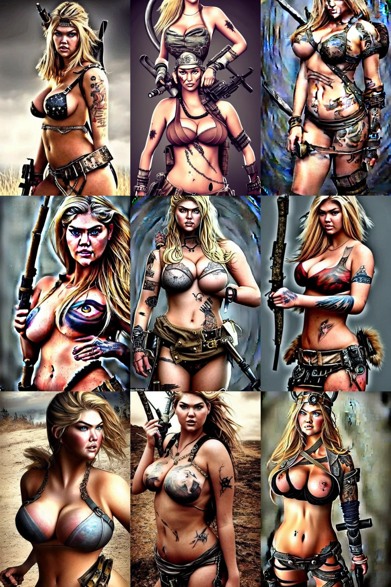 Prompt: gorgeous!! hyper - realistic woman resembling kate upton as a post - apocalyptic warrior girl with tattoos