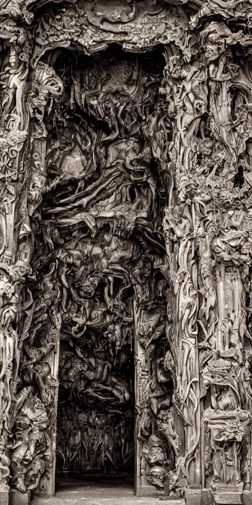 Image similar to the entrance to a private club in hell, intricate details