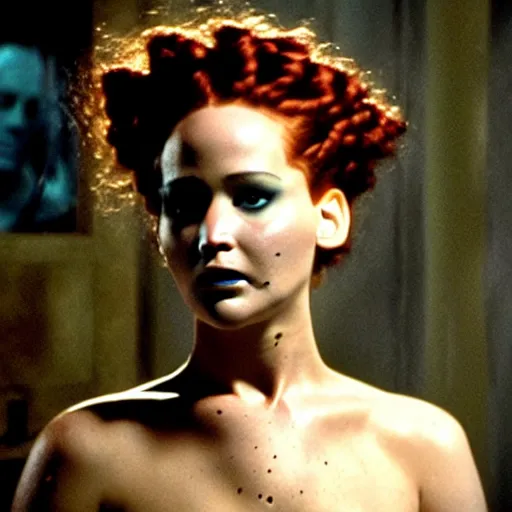 Image similar to jennifer lawrence as the bride of frankenstein, color photography, sharp detail, confused, still from the movie underworld