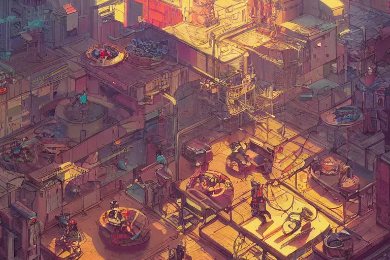 Prompt: a colorful marketplace, Industrial Scifi, detailed illustration, character design, intricate, by Martin Grip and Moebius