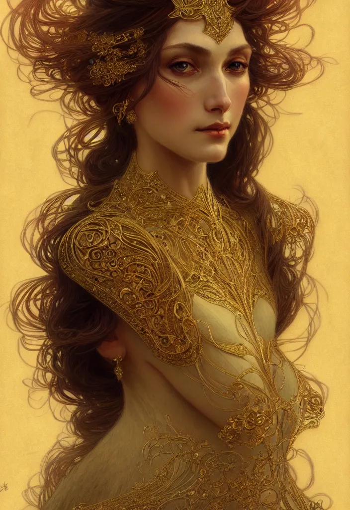 Image similar to character portrait of a modest woman, tall, feminine, powerful, modestly clothed, voluminous, intricate, elegant, highly detailed, digital painting, artstation, smooth, symmetrical, sharp focus, illustration, art by gaston bussiere and alphone mucha