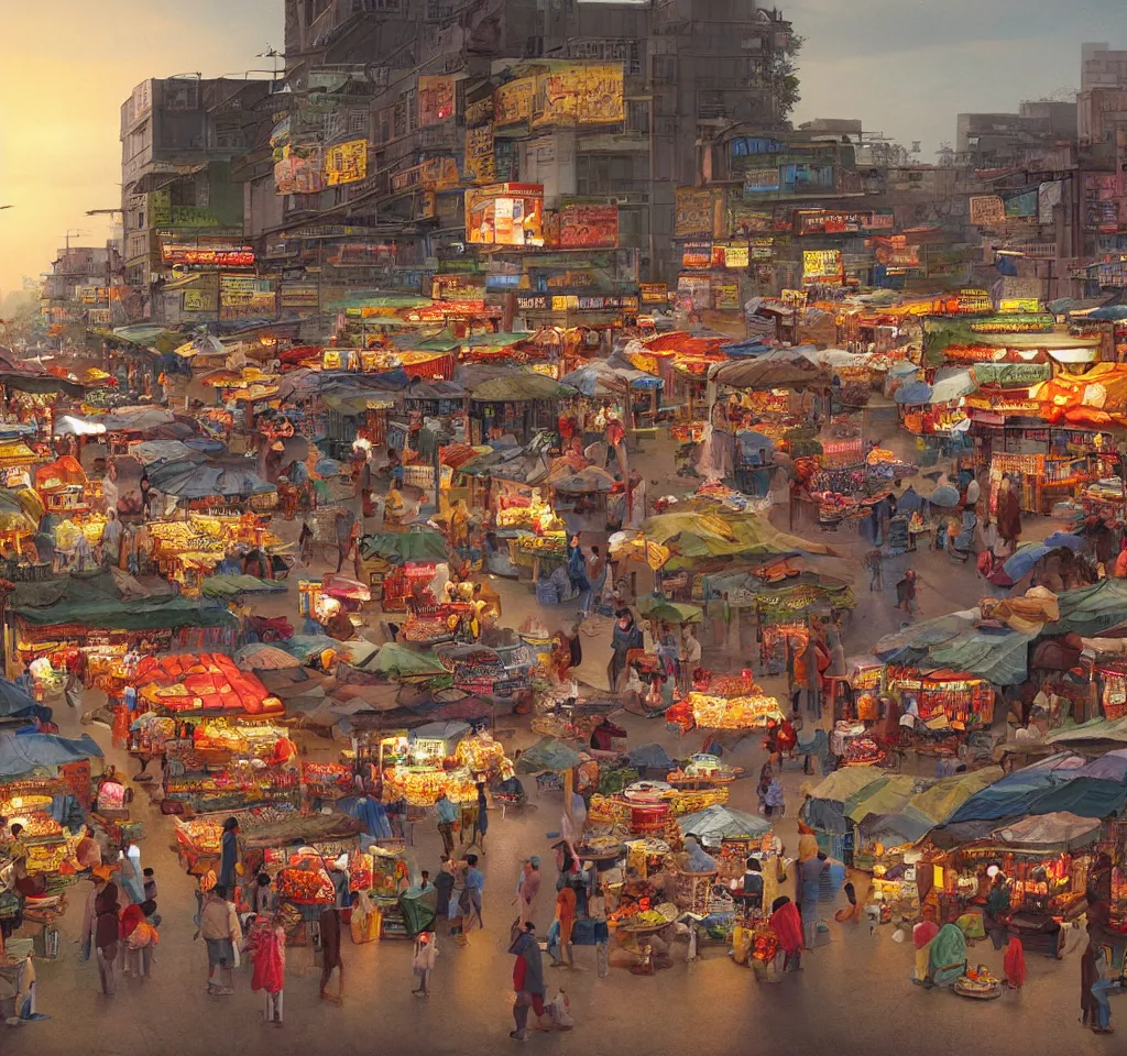 Image similar to an immaculate digital matte painting by Robin White of a placid asian street market scene at dusk.