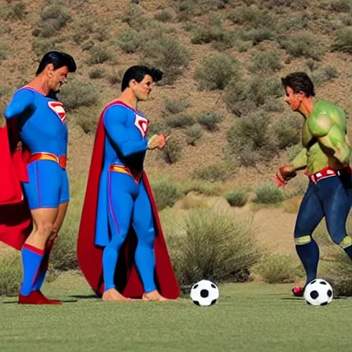 Image similar to supermen and hulk playing soccer together at desert