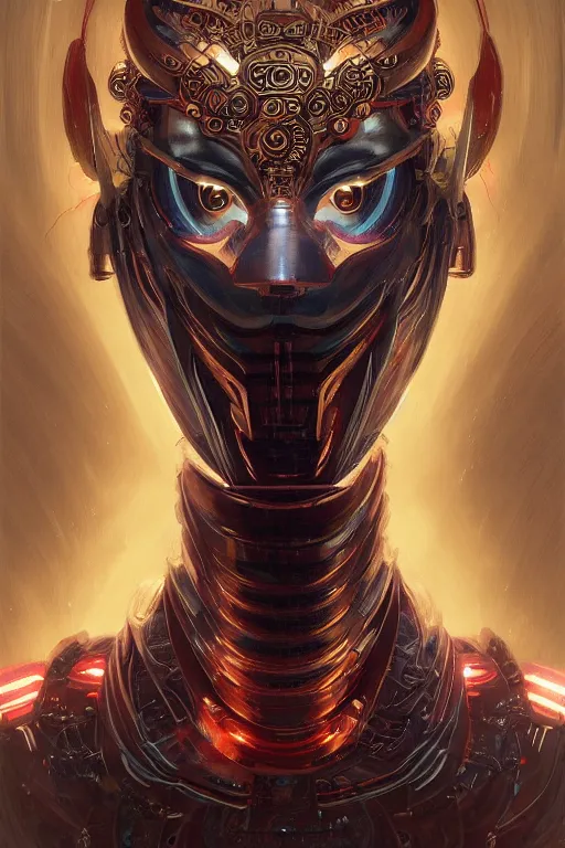 Image similar to asura from chinese myth, ghost, mecha, symmetrical. sci - fi, tech wear, glowing lights, intricate, elegant, highly detailed, digital painting, highly detailed, digital painting, artstation, concept art, smooth, sharp focus, illustration, art by artgerm and greg rutkowski and alphonse mucha