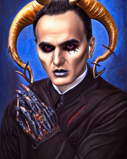 Image similar to photorealist portrait painting of demonic aloysius stepinac with demonic eyes and horns, gothic, horror, cool colors, high production value, intricate details, high resolution, hyperrealistic, hdr, high definition, masterpiece, ultra realistic, highly detailed, hd, sharp focus, non blurry, sharp, smooth
