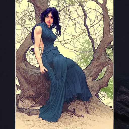 Prompt: study of a woman resting on a large tree, short black hair, decorative dark blue clothing, sharp focus, ultra realistic illustration, colorful, cinematic lighting, high fantasy, intricate, highly detailed, smooth, elegant, artgerm, greg rutkowski, alphonse mucha magali villeneuve