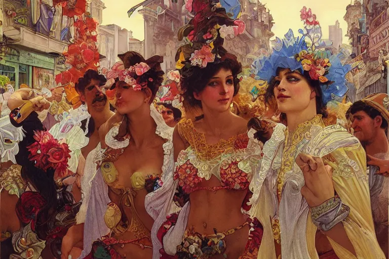 Prompt: a beautiful realistic painting of the 1 9 8 0 s carnaval in the city of salvador, brazil, intricate, elegant, highly detailed, digital painting, artstation, concept art, by krenz cushart and artem demura and alphonse mucha