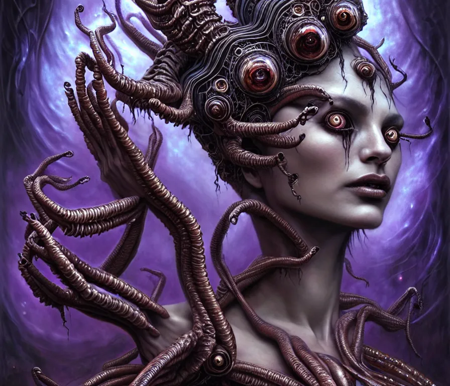 Image similar to A beautiful detailed alien goddess woman with 6 arms super dark tarot card, gorgeous model face by Stanley Artgerm, by tomasz alen kopera and Justin Gerard, 4 eyes, beautiful symmetrical features, ominous, magical realism, melting, texture, intricate, ornate, royally decorated, melting, whirling smoke, embers, purple adornments, blue torn fabric, radiant colors, fantasy, trending on artstation, volumetric lighting, micro details, 3d sculpture, ray tracing, 8k, anaglyph effect