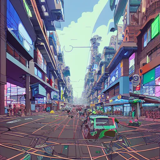 Image similar to busy street in the city of the future, wide shot, by josan gonzalez