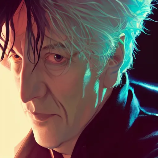 Image similar to closeup portrait of Neil Gaiman as The Sandman, pale skin, long black leather jacket, unruly hair, ambient lighting, 4k, anime key visual, lois van baarle, ilya kuvshinov, rossdraws, artstation