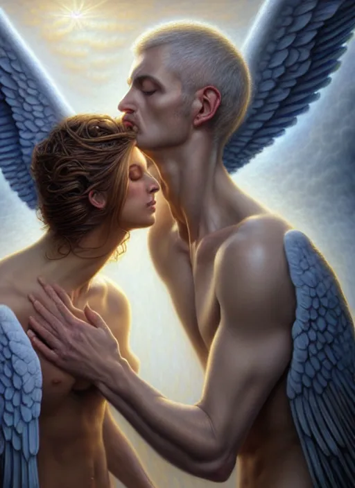 Image similar to man kissing an angel, fine art, intricate, elegant, highly detailed, realistic hair, centered, digital painting, art station, conceptual art, soft, sharp focus, illustration, artwork, artgerm, tomasz alen kopera, peter mohrbacher, donato giancola, wlop, boris vallejo