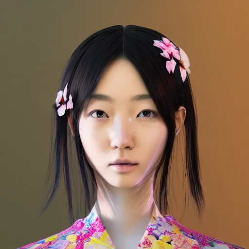 Image similar to centered portrait of a slight happy cybernetic 3D natural beautiful Japanese girl in kimono, hyperdetailed, digital painting, trending on Artstation, cel-shading style, CG society, hyperdetailed, digital painting, hypermaximalist, golden ratio, volumetric, octane render, weta digital, micro details, 3d sculpture