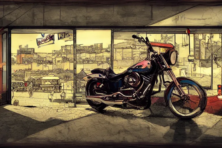 Prompt: harley davidson in front of a quiet town by satoshi kon, panoramic view, soft colors, pop art style