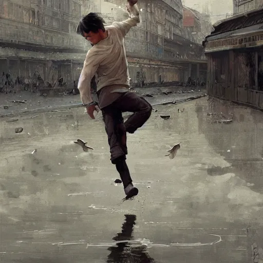 Prompt: a highly detailed epic cinematic concept art CG render digital painting artwork inspired by Henri Cartier-Bresson's Behind the Gare Saint-Lazare, man jumping over a puddle of water. By Greg Rutkowski, Ilya Kuvshinov, WLOP, Stanley Artgerm Lau, Ruan Jia and Fenghua Zhong, trending on ArtStation, made in Maya, Blender and Photoshop, octane render, excellent composition, cinematic atmosphere, dynamic dramatic cinematic lighting, aesthetic, very inspirational, arthouse