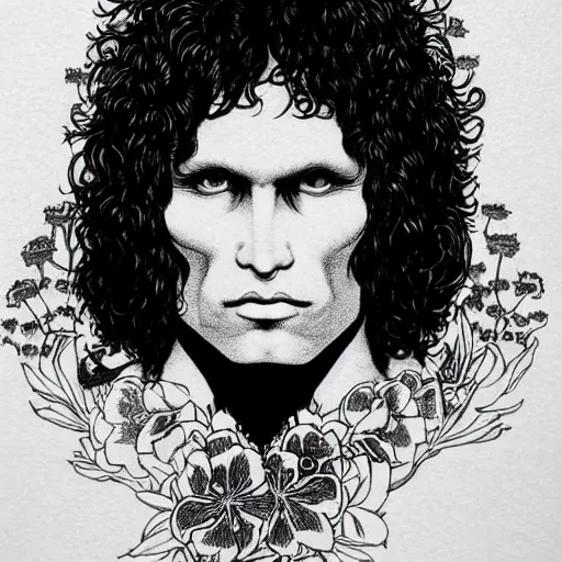 Prompt: symmetrical jim morrison as a vampire lizard king, very detailed style of takato yamamoto lots of flowers
