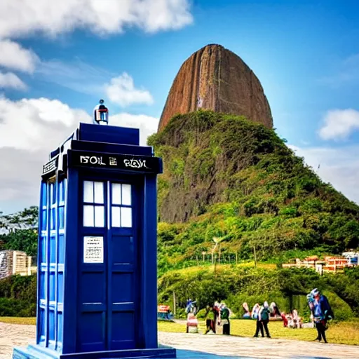 Prompt: Doctor Who in Brazil, TARDIS, Brazilian flag, Christ the Redeemer in the background