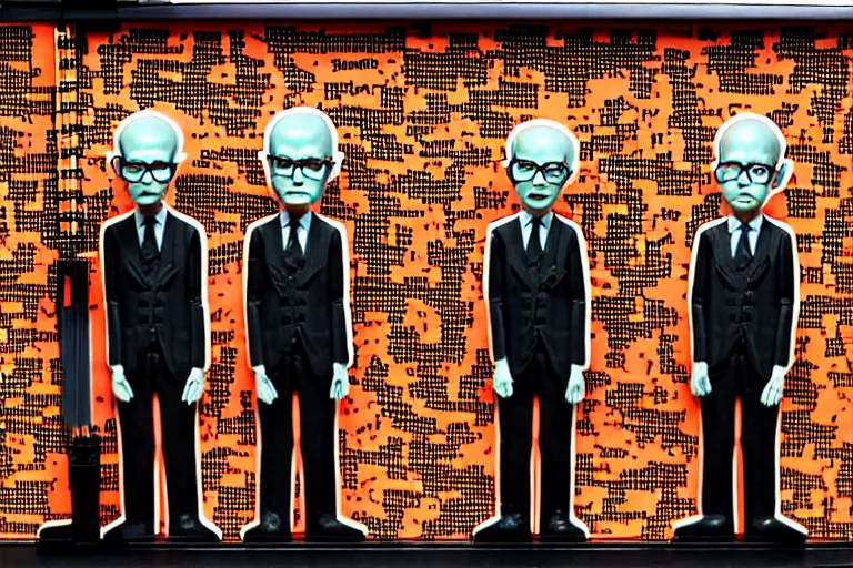 Image similar to image of gilbert and george being possessed by the ghost of alan turing, chromatic noise, stop motion vinyl action figure, plastic, toy, butcher billy style