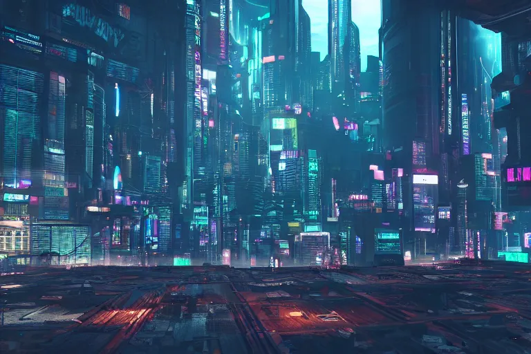 Prompt: a gritty cyberpunk city inspired by a computer motherboard. cinematic lighting. octane render. 4 k