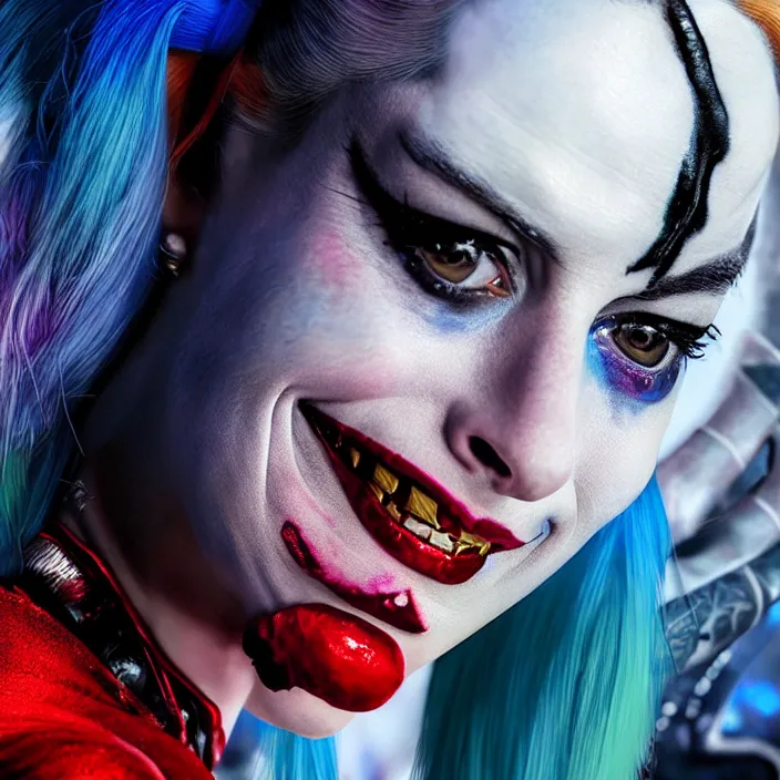 Prompt: portrait of Anne Hathaway as a harley quinn in Suicide Squad. intricate abstract. intricate artwork. by Tooth Wu, wlop, beeple, dan mumford. octane render, trending on artstation, greg rutkowski very coherent symmetrical artwork. cinematic, hyper realism, high detail, octane render, 8k, iridescent accents