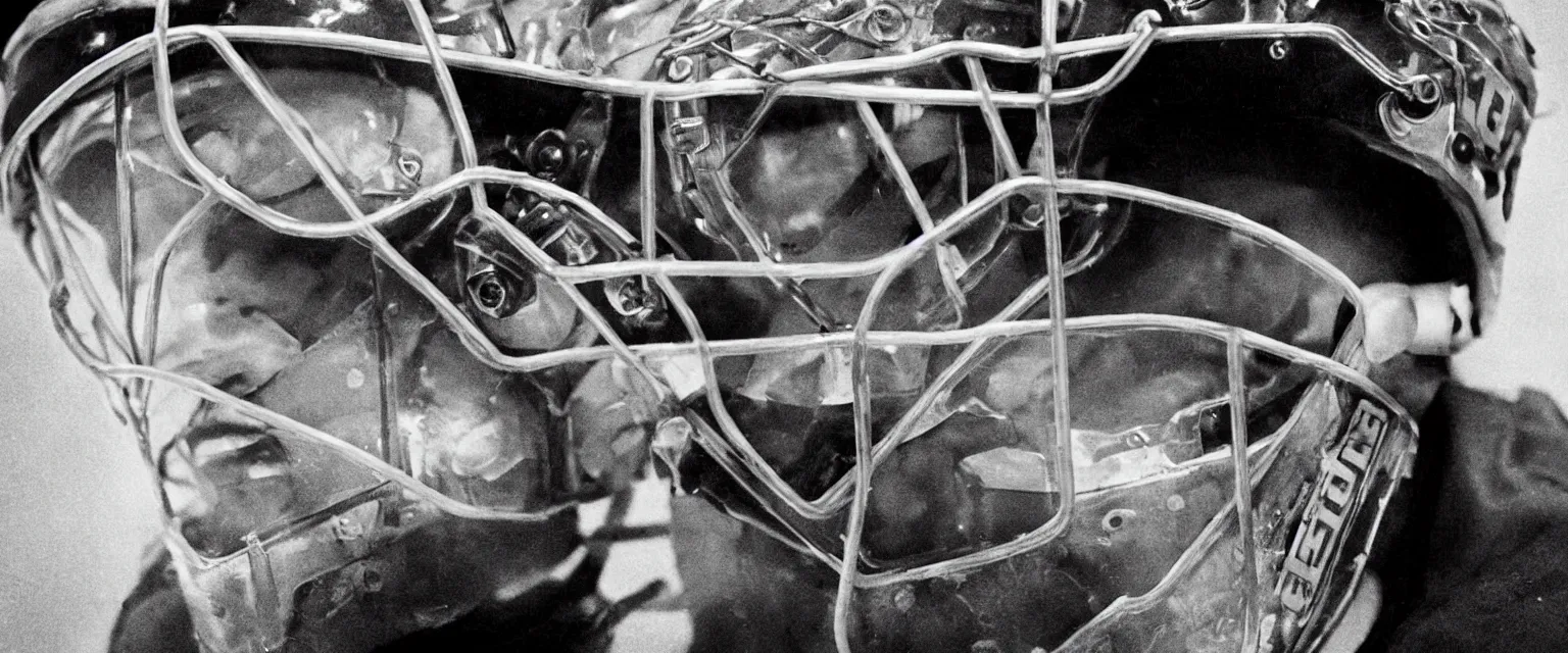 Prompt: detailed sharp photograph in the style of popular science circa 1 9 5 5 and gregory crewdson telephoto lens portrait of an nhl goalie with cool mask design at his goal heavy bokeh