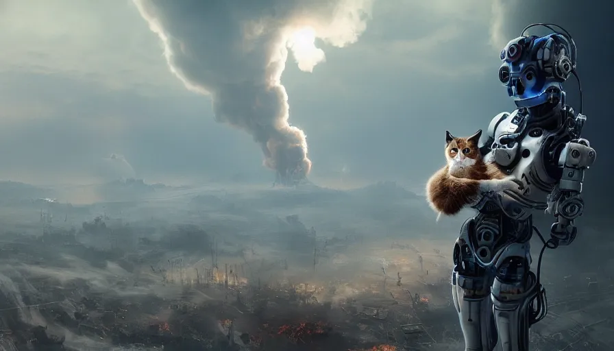 Image similar to a beautiful award-winning photo of a cyborg holding a small cat in his hands, serene post-nuclear background, a huge nuclear cloud, intricate details, numerous fires, volumetric lighting, haze, very high quality, extremely detailed, subtle visual noise, unreal engine 5, hyperrealistic, 8K