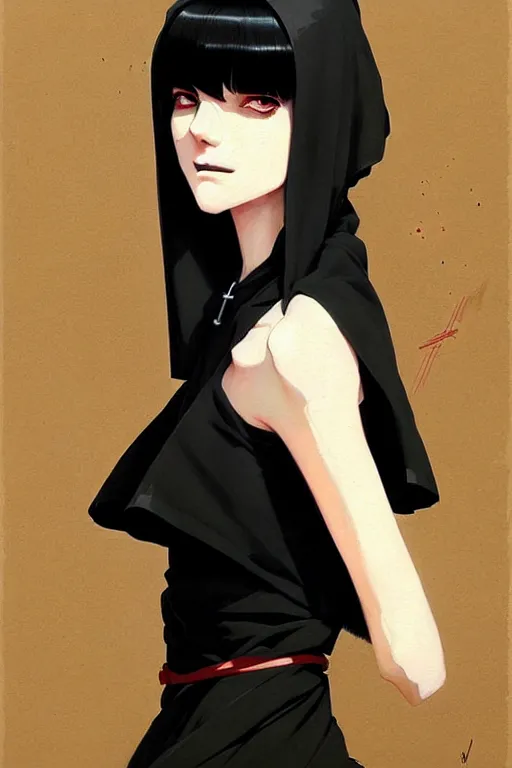 Prompt: a ultradetailed beautiful painting of a stylish nun, she has short black hair with bangs, by conrad roset, greg rutkowski and makoto shinkai trending on artstation